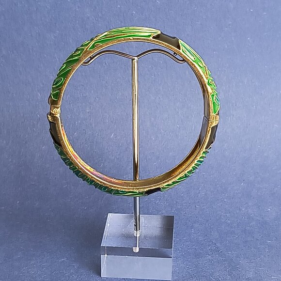 Monstera Leaf Hawaii Enamel Hinge Clamper Bracelet Green And Black Vintage Y2k - Picture 2 of 3